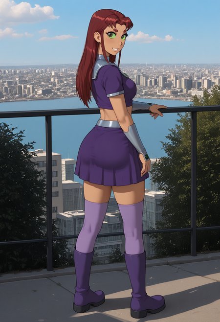 score_9, score_8_up, score_7_up, score_6_up, score_5_up, censored, best quality, high detail, <lora:StS_PonyXL_Detail_Slider_v1.4_iteration_3:4>, <lora:add-detail-xl:2>, <lora:Pony_DetailV2.0:4>,<lora:NM_starfire_18tt:1>, BREAK NM_starfire_18tt, 1girl, solo, colored skin, orange skin, green eyes, long hair, smile,  red hair, green sclera, colored sclera, colored skin, breasts, navel, midriff, crop top,skirt, purple skirt, miniskirt, thighhighs, purple thighhighs, zettai ryouiki, boots, thigh boots, gorget, vambraces, looking at viewer, megapolis, standing, looking back, from behind, ass, back view, ass focus, nm_fitbutt, <lora:nm_fitbutt:1>,