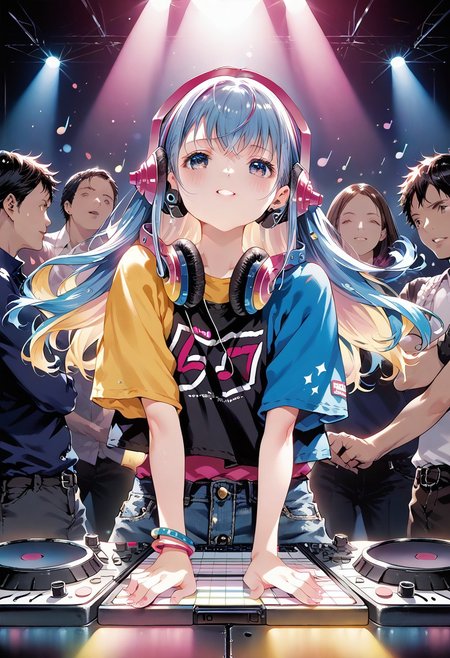 score_9, score_8_up, score_7_up, source_anime, solo, 1girl, MdoHP, Amai Liu, sensual, penetrating look, dominant, upper body, female dj, colorful clothes, quirky, vibrant appearance, playful accessories, creative, imaginative, sensual, spontaneous, DJ headphones, mixing console, music club, nightclub, independent theaters, people dancing on the dance floor, underground nightclub, high quality, skin texture, intricate details, (cinematic lighting),  photo RAW, 8k