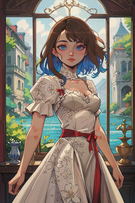score_9_up, score_8_up, score_7_up, BSDBN, by hokama mitsuri, colorful,masterpiece, highly detailed, realistic, 
1 woman, blue eyes, long, straight hair with a slight wave at the ends, deep chestnut brown color with subtle honey highlights, middle part for balance, glossy finish adding depth and shine, creating an elegant and timeless look, fantasy dress, white dress, red ribbons, floral printings,
  <lora:incase-ilff-v3-4:0.4>  <lora:by_hokama_mitsuri_v3-pony:0.6>  <lora:BSDBN-24:1>