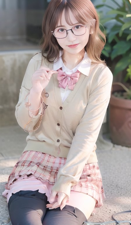 best quality, long hair, smile,(black thighhighs:1.66), (8k, best quality, masterpiece:1.2), (realistic, photo-realistic:1.37), ultra-detailed, full body, small waist, 1 girl,cute, solo,beautiful detailed ,night,sitting,dating,(nose blush),(smile:1.15),(grin) large breasts,(fantasy breasts),(red checkered pleated skirt:1.44), beautiful detailed eyes,(pink school girl cardigan buttoned:1.33),(wearing red checkered bowtie in neck:1),<lora:chilloutmixss_xss10:1>,(pink straight hair:1.66),(metal edge round frame gold wire glasses:1.44)