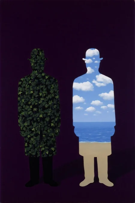 renemag1 painting.
Two cutout silhouettes of men standing against a dark purple background. The silhouette on the left is of a man wearing a hat and coat, with a pattern of green leaves covering his body, creating a surreal contrast to the natural elements depicted. The silhouette on the right is of a man in a similar hat and coat, but his body is transparent, revealing a scene of a tranquil seaside landscape behind him.
 <lora:renemag1_cap_d6a3:1.0><lora:829567951343667963:0>