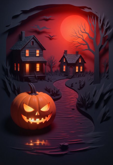 paper quilling style image,
high-quality digital painting with a dark, eerie, and haunting atmosphere, likely created using digital painting software. The image features a large, glowing jack-o'-lantern in the foreground, positioned in the lower third of the frame, adhering to the rule of thirds for composition. The pumpkin has a sinister, carved face with glowing red eyes and an open mouth, emitting a soft, eerie light that illuminates the surrounding water and creates a reflective surface. The water, positioned centrally and extending towards the background, leads the viewer's eye deeper into the scene.
In the background, a dark, ominous sky is filled with deep red and purple hues, suggesting either dawn or dusk, with a few scattered clouds adding texture. To the left, a dilapidated house with a crooked, dark silhouette stands, adding to the spooky ambiance. The house is dimly lit with a few windows glowing faintly, hinting at an eerie presence inside. The right side of the image features tall, leafless trees and reeds, silhouetted against the sky, enhancing the haunting mood.
The lighting is primarily artificial, emanating from the jack-o'-lantern, casting a red glow that contrasts with the dark, natural background. The overall aesthetic quality of the image is very high, evoking a sense of Halloween eeriness.,  ultra quality, ultra detailed, intricate details
<lora:Paper_Quilling_And_Layered_Paper_Style-000021.safetensors:1.0>, 