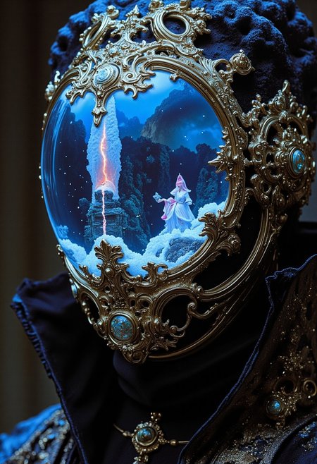 extrem headpiece closeup, Color graded in translucent Neon Pink, Blue, and Green hues, cinematic lighting, insane details, hyperrealistic extreme close-up macro photography, 64-megapixel DSLR.  A close-up of a person with a snow globe as their head. Inside the snow globe is a winter wonderland, but there's a dystopian twist to it. The snowy landscape is bleak, with dark, twisted trees and frosty, decaying structures. The snow falls softly, but there's a sense of isolation and despair. The glow from within the snow globe casts eerie, cold light on the person’s face, contrasting with the harsh, desolate world inside the globe. The person’s expression is serene but detached, as if they are trapped within this frozen, dystopian world.
A tall, enigmatic figure stands amidst the ruins of a forgotten temple, their head encased in a cracked, with a staff full of crystals, the crystals are round translucent black-red, translucent sphere filled with suspended golden liquid and glowing symbols. Their high collar cloak, a mix of coarse burlap and torn silk, sways slightly as if touched by an unseen wind. Light filters through broken arches, casting dramatic shadows across the moss-covered stone. Vintage
Ornate
Victorian
Edwardian
Intricate
Lace
Blue
Mask
Otherworldly
Headpiece
Opulent
Pearls
Celestial
Surreal
Baroque
Reflective
Dreamlike
Clouds
Mirror
Metallic
Waves
historical
