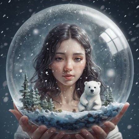 a cute woman is holding a small round glass terrarium containing a little polar bear with falling snow, 
with drama, 
ultra detailed lighting, 
Watercolor, 
trending on artstation, 
sharp focus, 
studio photography, 
complex details, 
very detailed, 
by Greg Rutkowski