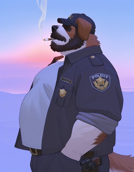 dog, Saint Bernard, 
male sheriff, uniform, sheriff badge, duty belt, handgun holster, police radio, upper body, law enforcement, beard, thick beard, fluffy beard, smoking cigarette,
side view, 
jacket, multipurpose pockets, 
hands in pocket, looking at the sky, looking up,
trucker cap, baseball cap, cap covering eyes, 
cold morning, sunrise, 
solo:1.5, 
by hoggan, hoggan, 
thick body, musclegut, overweight, overweight_male, belly, big_belly,
open jacket over t-shirt, layered clothing, casual style, rolled-up sleeves,,