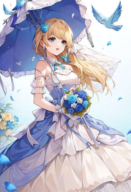 score_9, score_8_up, score_7_up, source_anime, wedding dress, open mouth, petals, ribbon, bow, blue flower, blonde hair, bouquet, holding umbrella, medium breasts, bird