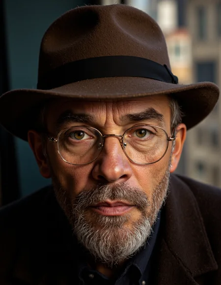 <lora:chizhcats:0.5>, <lora:Cartoon_Sheva:0.5>, This is a high-resolution, close-up photograph of an elderly man with a weathered face and a distinguished appearance. He is positioned centrally in the frame, filling most of the image. His skin is wrinkled, and his face shows signs of age, including deep lines and a prominent brow. He has a full, white beard and mustache, and his eyes are large and expressive, framed by thin, wire-rimmed glasses., 
He is wearing a brown fedora hat with a black band, which casts a slight shadow on his forehead, adding depth to the image. Over his shoulders, he is wearing a dark brown overcoat, which contrasts with the lighter background. The background is out of focus, but hints of a blurred outdoor scene can be seen through the window behind him, suggesting it might be a sunny day. The man's expression is contemplative and slightly somber, with his eyes gazing directly into the camera. The lighting is soft and natural, emphasizing the textures of his skin and clothing, and creating a warm, intimate atmosphere. The overall style of the photograph is realistic, capturing the essence of the man's character and the depth of his experience., <lora:lenin:0.6>, LENIN
