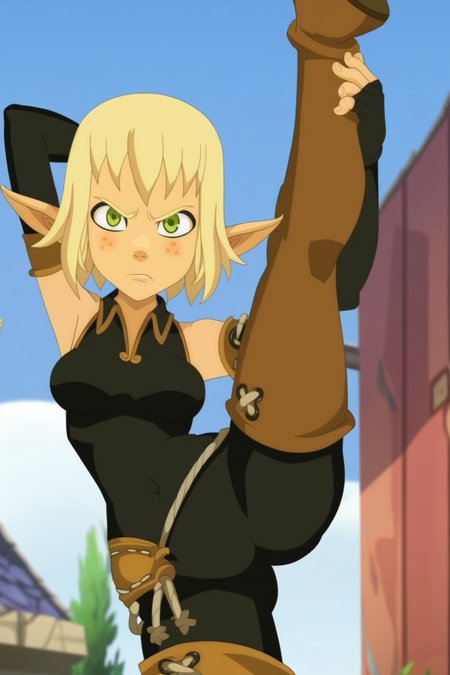 Score_9, score_8_up, score_7_up, 1girl, solo, breasts,  <lora:Evangelyne:1> Evangelyne, pointy ears, green eyes, freckles, blonde hair,  short hair, thigh boots, elbow gloves, fingerless gloves, bodysuit, covered navel, standing split, arm behind head, holding leg, screencap, outdoors, annoyed, looking at viewer,