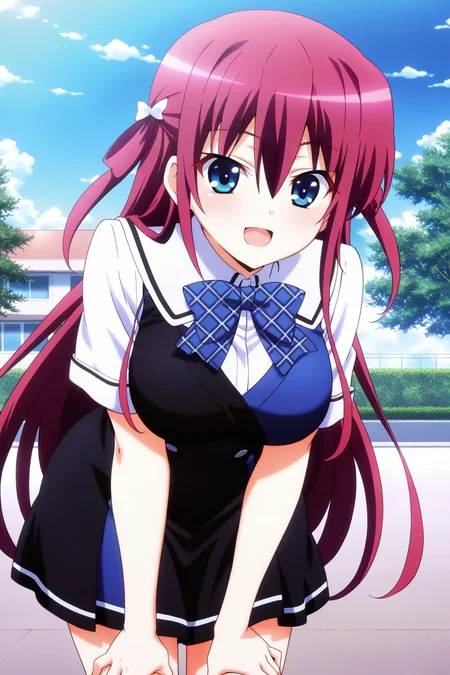 anime screenshot, anime coloring, suou amane, red hair, hair rings, white bow, hair bow, blue eyes,  large breasts, school uniform, pinafore dress, black dress, blue dress, two-tone dress, short sleeves, white shirt, blue bowtie, plaid bowtie, looking at viewer, open mouth, smile, leaning forward, hands on own thighs, cowboy shot, outdoors, day, blue sky, masterpiece, best quality, high quality, highres, absurdres,  <lora:suou_amane_ILXL:0.9>