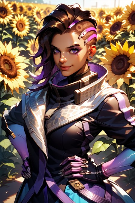 score_9, score_8_up, score_7_up
<lora:OSombra:1.0>
OSombra, 1girl, brown hair, purple eyes, undercut, looking at viewer, surrounded by sunflowers in a bright field, smiling, with hands on hips