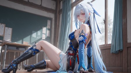 (masterpiece, best quality,realistic,from back, from side, sitting:1.3),absurdres,(looking at viewer,  collarbone,),(shiny_eyes,sparkling_eyes,smile:1.2),
Jingliu,jingliu \(honkai: star rail\),1girl,solo,blue sleeves,long hair,detached sleeves,red eyes,gloves,white hair,bare shoulders,high ponytail,dress,black gloves,boots,black footwear,tachi-e,very long hair,high-low skirt,blue dress,
cleavage,medium breasts,bouncing breasts,classroom,<lora:aidmaImageUpgrader-v0.3-IL:0.6>,<lora:Jingliu(IL):0.75>,