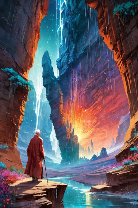 Landscape,Landscape creator,Doorto other world,  A canyon carved from fossilized music notes riverbeds of powdered starlight,  meteor showers implanting crystalline seeds, Vines bearing flowers that bloom into temporary portals, eternal monsoon with rains rewriting topography, nights cold enough to freeze light into icicle formations, Art painting by Ross Tran and Katsuhiro Otomo and Max Ernst, ,,
<lora:extremely_detailed:0.7> extremely detailed ,
<lora:add-detail-xl:0.7>,
 <lora:softdigital2x2:0.15>,
 <lora:EpicF4nta5yXL:0.3>,, Magic realism painting art style, surreal compositions, vibrant colors, blurs the line between reality and fantasy