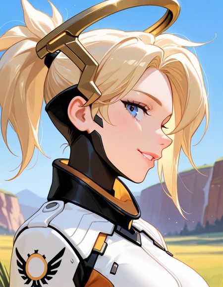 masterpiece, best quality, amazing quality, very aesthetic, absurdres,  newest, detailed background, cowboy shot, 4k, 8k, outdoors,
mercyxd, solo, 1girl, halo, mechanical halo, blonde hair, ponytail, portrait, hair tie,  bodysuit, high ponytail, blue eyes, profile, high collar, turtleneck, from side, lips, headgear, parted lips, nose, looking at viewer, grin, head tilt, 
 <lora:Mercy_-_Overwatch_Illustrious:1>
