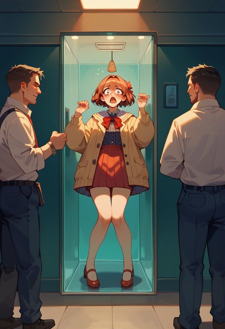score_9, score_8_up, score_7_up, best quality, masterpiece, source_anime, zPDXL2, BREAK 1girl, crowd of people in front,  scared , transparent locker , <lora:inside_of_locker_r1:1.3>