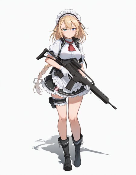 Volumetric Lighting, (masterpiece), (best quality), (ultra-detailed), masterpiece, source_anime, score_9, score_8_up, score_7_up BREAK, illustration, disheveled hair, detailed eyes, perfect composition, moist skin, intricate details, detailed eyes, detailed face, detailed fingers BREAK, G36,blonde hair, blue eyes, braided bangs, braided ponytail,very long braid BREAK, G36def,def_dress, def_corset, def_maid_headdress, def_maid_apron, def_ascot, def_vest, def_boots, def_gloves, def_skirt,def_bridal_garter,def_pouch BREAK, looking at viewer, simple background, white background, holding, medium breasts, full body, weapon, holding weapon, gun, holding gun, rifle, assault rifle, scope, magazine (weapon), heckler & koch, trigger discipline, shadow