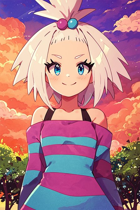 score_9, score_8_up, score_8, medium breasts, (curvy), cute, eyelashes,       BREAK, , zzRoxie, blue eyes, white hair, hair bobbles, topknot, striped dress, <lora:Roxie_Pokemon_PDXL_Citron:0.8>, , BREAK, smile, looking at viewer, cowboy shot, outdoors, sky, day, cloud, tree, blue sky, sunny,  Expressiveh, <lora:Alola_Style_PDXL:0.8>,  <lora:Expressive_H-000001:0.4>,