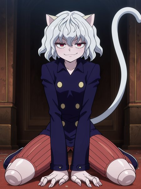 masterpiece, best quality, amazing quality, very aesthetic, absurdres, newest,shiny skin,  anime screenshot, 
 <lora:Neferpitouillust:1>1girl, neferpitouillust, other focus, solo, animal ears, cat ears, tail, cat tail, androgynous, short hair, white hair, smile, doll joints striped pants, smirk smug,