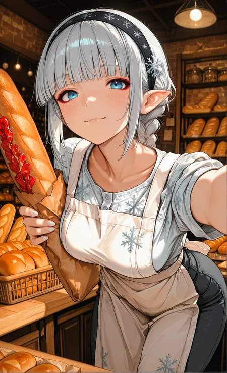 masterpiece, sharp detail, intricate detail, 1girl, pointy ears, blue eyes, short hair, silver hair, black hairband, medium breasts, blunt bangs, white nails, red eyeliner, <lora:aosiai123_style:0.8> traditional media,  aosiai123_illu, single braid, long braid, soft smile, from below, facing viewer, looking at viewer, holding baguette, outstretch arm to viewer, leaning forward,  indoors, bakery, white apron, pants, shirt, working in shop, baguette, bread slice, table, snowflake print,  chiaroscuro, volumetric lighting, dappled light, dramatic shadows, cinematic lighting, detailed background,  <lora:NOOB_vp1_detailer_by_volnovik_v1:0.7> <lora:illustriousXL_stabilizer_v1.23:0.8>,