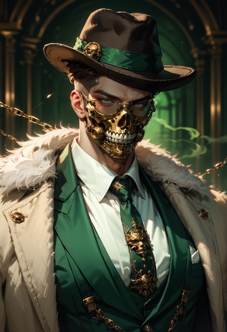 (score_9, score_8_up), score_7_up, 1boy, solo, simple background, portrait, head on, muscular male, bara, manly, tsurime, mature male, serious, dark green background, black and dark green theme, chains, black hat, fluffy coat, fedora, brown hair, crew cut, suspenders, close up, crew cut, short hair, green smoke, necktie, suit, jewelry, white shirt, green vest, coat, sunglasses, gold mask, black tinted eyewear, (face mask), realistic, sinister, blurry background, depth of field, DOF, chaos <lora:Mafia_Outfit:0.5>
