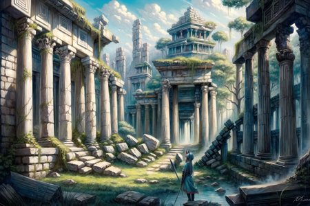 <lora:FantasyRuins:0.8> FanRu, sinister fantasy world, ruins, overgrown, temple, columns, elf girl statue, best quality, masterpiece, <lora:more_details:0.65>