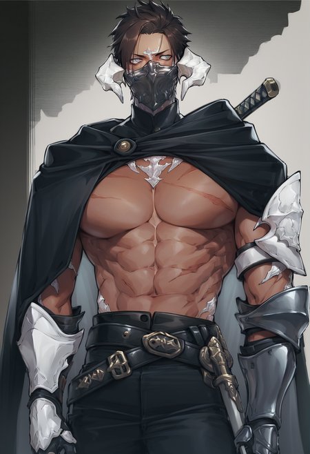 <lora:extraooAKB:0.8>,extraoo,1boy,white horns,dark skin,au ra,mask,forehead,looking at viewer,pectorals,short hair,covered mouth,mouth mask,dragon horns,looking to the side,looking at viewer,grey eyes,brown hair,weapon,sword,gauntlets,pectoral cleavage,sheath,sheathed,muscular,scar,black hair,pants,weapon on back,armor,belt,cowboy shot,scar on chest,cape,sword behind back,standing,black cape,black pants,abs,holding,large pectorals,, score_9,score_8_up,score_7_up,source_anime,