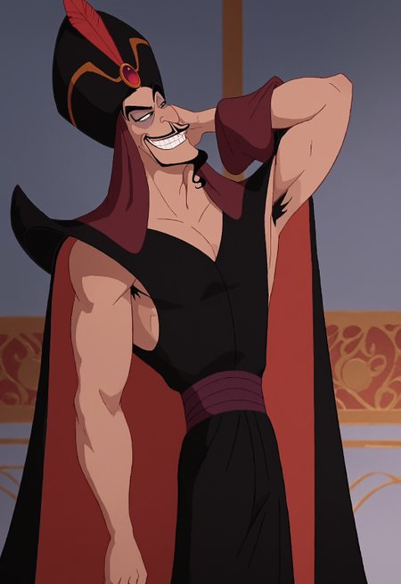 safe_pos, safe_pos, score_9, score_8_up, rating_nsfw, ultra hd, absurdres, best quality, best aesthetic, masculine, solo, 1boy, male focus, perfect proportions, handsome,  erotic, alluring, hand with five fingers, mature male, coloured

DisneyJafar, facial hair, black robes, cape, mustache, hat, Expressiveh, hand behind head, evil grin, playing with armpit