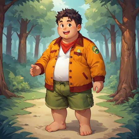 score_9, score_8_up, score_7_up, source_anime, obese, wearing a boyscout uniform, wearing shorts, wearing boy scout shirt, unbuttoned, wearing neckerchief, standing, summer camp background, 1boy, solo, forest background, happy mood, young, dark hair, messy hair,  barefoot, chibfurri, five toes, cub.