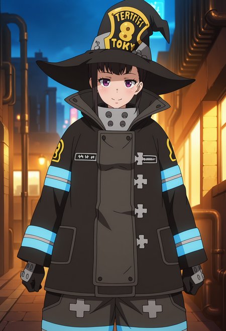 anime screencap, masterpiece, best quality,
<lora:EnenNoShouboutai_OzeMaki_IlluXL:0.9>,
1girl, solo, closed mouth, smile, blush,
asymmetrical hair, hair behind ear, black hair, purple eyes,
witch hat, black coat, neon trim, blue trim, visor \(armor\), gloves, baggy pants, grey pants,
standing, looking at viewer, cowboy shot,
blurry background, outdoors, city, night, industrial pipe, street