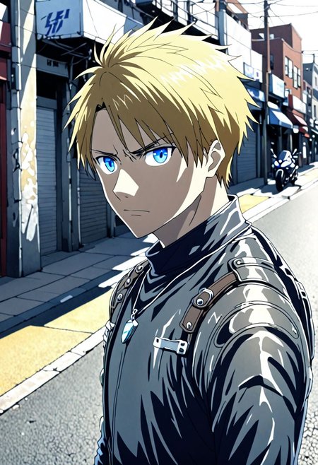 high resolution, solo, best quality, 1Boy, Yamato Ishida, Blond Hair, Blue Eyes, Necklace, street fotography, open helmet, motorcycle, sidewalk, OverallDetail