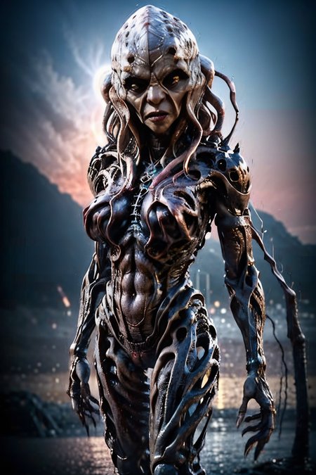 woman, scenery, nature, tentacles, red_eyes, sky, gradient, tongue, closed_mouth, <lora:EdobMonsterFemale2_v2.0:0.8> explosions in the background, night sky, full body shot (Realisitc:1.5) woman terminator, big breasts, <lora:EdobTerminatorHybridFemale_v1.0:0.4> alien woman wearing Pink lace boyshorts and a matching pink lace bralette <lora:EdobAlienFemale_v1.0:0.4>