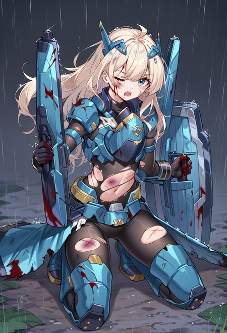 (score_9:0.9),score_8_up,score_7_up,rating:explicit,anime_style,(zPDXL),<lora:Sky striker ace - raye ponyXL v4.1:0.73>,  sky striker ace - raye, blue power armor, blue headgear, blue gloves, blue thigh boots, 1girl, rain, injury, solo, one eye closed, torn clothes, damaged, blood, dated, open mouth, weapon, bruise, floating blue shield, blue gun