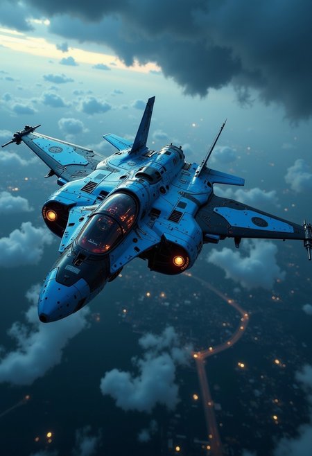 in the style of ck-mgs, A digital artwork in the style of cknc, a_skynet_cyberdyne_craft, the image is featuring a futuristic, highly advanced jet fighter drone flying rapidly at altitude over a stormy sea at night. The fuselage is painted in camouflage blue and black, and the cockpit shows glowing led lights, and has a large air intake, dutch angle, the image slanted diagonally, motion blur