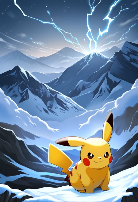very awa, masterpiece, best quality, year 2024, newest, highres, absurdres, <lora:age_slider_v4:3> <lora:thicc_v1.4-pony:1.2>,detailed_background,outdoors,mountain,pokemon,gen 1 pokemon,smile,no humans,nintendo,brown eyes,tail,closed mouth,animal focus,game freak,bright pupils,solo,electricity,creatures \(company\),konanbo,pikachu,white pupils