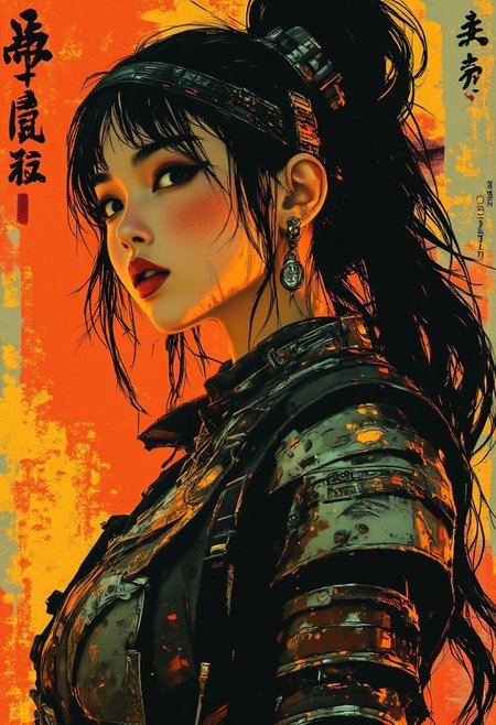 midjourney_whisper_avant_couture, inksketch portrait of stunning oriental warrior princess wearing leather plated armour, leather headband, outside shinto shrine in formal garden, long hair, sidelocks, bangs, hair ribbon,  earrings, necklace, choker, embroidered dress, direct gaze, light hitting one side of face, gradient colour background, Japanese kanji