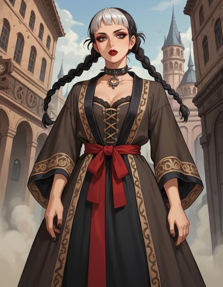 Steampunk style score_9, score_8_up, score_7_up, score_6_up, score_5_up, score_4_up, hud_gthd0l, 1girl, solo,A dance of enchantment unfolds, and the princess radiates allure in her daring ((Rococo robe Ã  la polonaise)). Her eyes sparkle with excitement and curiosity as she awaits the journey yet to unfold within the haunting beauty of the chamber., two-tone hair, white hair, black hair, twin braids, black nails, collar, lipstick, makeup <lora:hud_gthd0l_XLP:0.6>,Fog Enshrouded Mansion, Mysterious, misty, lair, sprawling , Yoshifumi KondÅ, Futuristic city park with futuristic sculptures and interactive installations . Antique, mechanical, brass and copper tones, gears, intricate, detailed