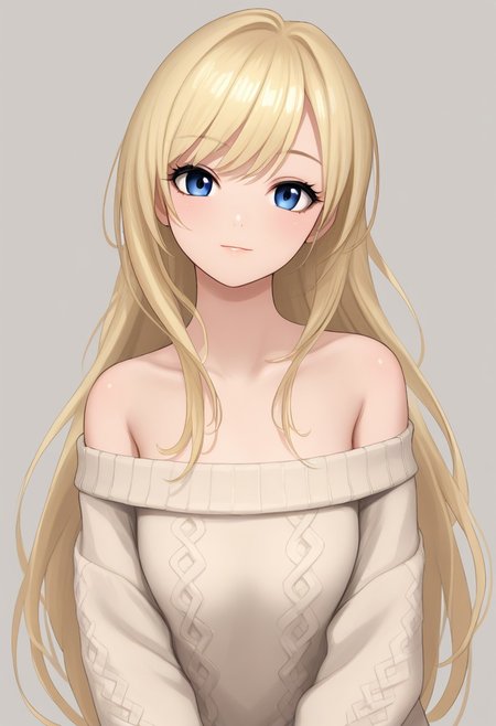 (source_anime, score_9, score_8_up, score_7_up:1), 1girl, solo, blonde, long hair, beige off-shoulder sweater, looking at viewer, simple background