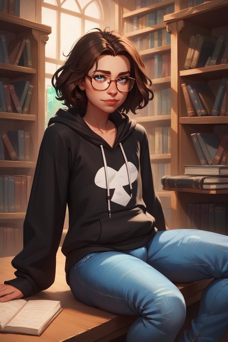 score_9, score_8_up, score_7_up,   <lora:princess_xl_v2:0.7>, <lora:arcan3styl3v1PonySDXL:0.5> arcan3styl3v1,<lora:Concept Art Twilight Style SDXL_LoRA_Pony Diffusion V6 XL:0.5>,<lora:mfcgXL:0.25>, <lora:officialpit_style_v11:0.4>, source_cartoon,
tall slender 20yo adult guy, (brunette:1.5), messy medium short hair, looking at viewer, (flat chest),  (tiny bulge:1.2), (hips:1.2), (small_eyewear:1.3)
(baggy long (black_hoodie:1.4), loose jeans:1.2), (sitting at a library study table:1.4),
 (mid shot:1.3),