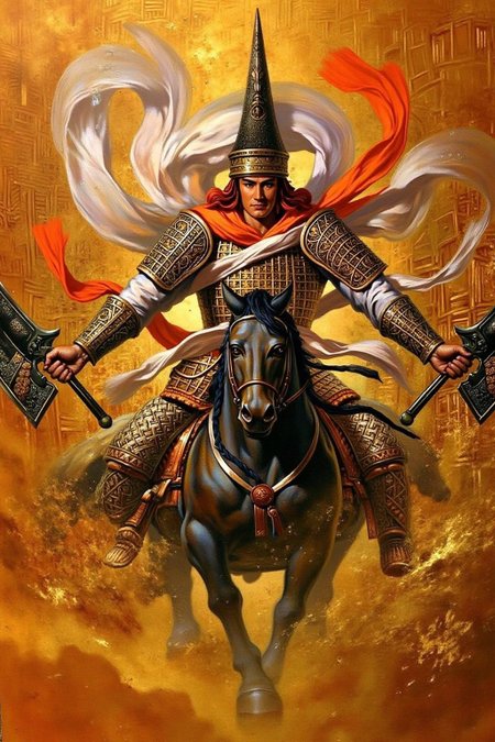chenu1 illustration. 
chenu1 illustration. A dynamic depiction of a warrior in ornate, traditional armor inspired by historical Chinese designs. The figure is adorned with intricate metallic plates, a tall, pointed helmet, and vibrant flowing scarves in white and orange that add motion and drama. The warrior wields a falg with a determined expression, set against a background of warm golden and orange hues, blending geometric patterns and swirling elements. The composition emphasizes action, detail, and a sense of historical epic storytelling 
 <lora:chenu2_poster_cap_d6a3:1.0><lora:822503632084874121:0>