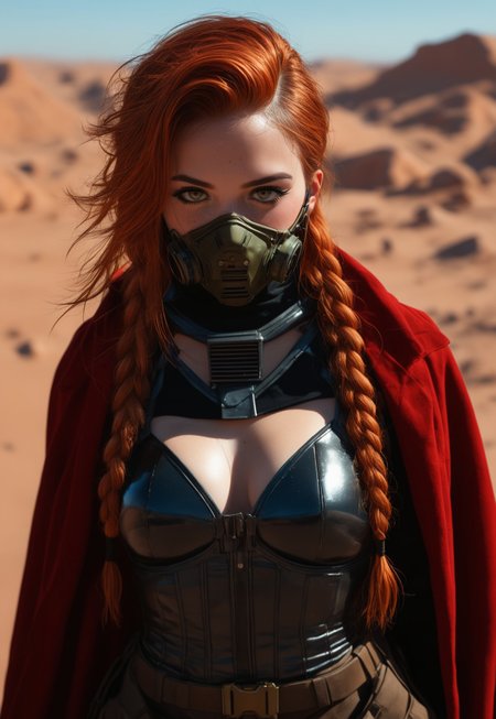 score_7_up, ((1girl, solo, 23yo))
shot of tall vikingpunk woman holding an red mad-srgns m41a rifle, she is wearing a futuristic plate armor with face mask and red cloak that are covered in celtic runes, her ginger braided hair floats in the wind as she through a barren desert,  <lora:ck-nc-pastel-cyberpunk:1.2> <lora:fluxVikingPunk:0.6>  
(((full clothed)))
 (8k uhd:1,4)
 <lora:Dynamic Poses:1>
 <lora:detailed_notrigger:1>