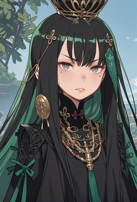 score_9, score_7_up, source_anime, BREAK   <lora:Qu__PGR-Punishing_Gray_Raven__All_Classes_Coming_Soon:1> Pavo, grey eyes, multicolored hair, black hair, green inner hair, long hair, mole under lips, Pavo clothes, Pavo crown, <lora:kuroboshi_kouhaku_PonyXL_style_v01.09:1>