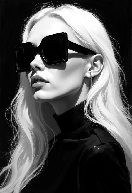 Close-up of a stylized female portrait. 
The figure is rendered in a grayscale palette, with a deep white color for clothing and hair, set against a vibrant black background.  The woman has long, white hair that falls down her back.  Her facial features are defined, with a strong jawline and a confident expression.  She is wearing large, square-framed sunglasses with black lenses.  The sunglasses are a noticeable feature, contrasting sharply with the surrounding dark tones. 
A turtleneck-style top is visible, further enhancing the silhouette.  The overall style is fashion-forward and somewhat dramatic, emphasizing form and contrast against the background. The figure is presented in a three-quarter profile view.
<lora:FLUX-daubrez-DB4RZ-v2:1> DB4RZ, DB4RZ style painting