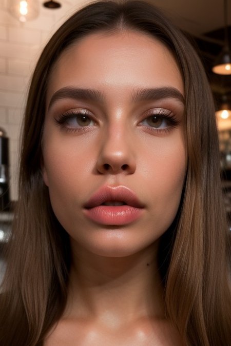 hyper realism, photorealistic, photo, raw, extremely detailed, realistic skin, skin blemishes, 23 year old, Ukrainian girl, light blonde straight hair, long hair, slight double chin, round cheeks, long lashes, lip_filler, (small breasts), skinny arms, portrait, barista, coffee shop, 32k uhd, absurdres, cinematic still, beautiful composition, tack sharp focus, crystal clear image, volumetric lighting, masterpiece, Painstaking Attention To Details, (enormous huge lips:1.4)