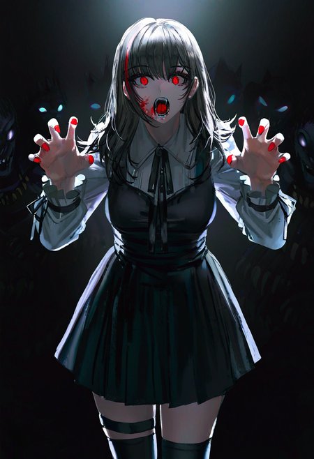 masterpiece,best quality,amazing quality,absurdres,aesthetic,newest,
nanami \(doa\), 1girl, solo, long hair, streaked hair, bangs, hair over eyes, hair on shoulders
artist:john_kafka,artist:nixeu,artist:quasarcake,
claw_pose,looking_at_viewer,close to viewer,leaning_forward, open mouth, sharp_teeth,blood_on_face, saliva_drip,thighhighs, thigh_strap, vampire cos, dress, makeup,skirt, red fingernails,nail_polish, night,dark,dark background,backlighting,black lights,Low-key lighting,cowboy_shot, intricate details,dark forest,bats surrounded, 
 <lora:doa_nanami_noobxl_vpred10_v10:0.85>