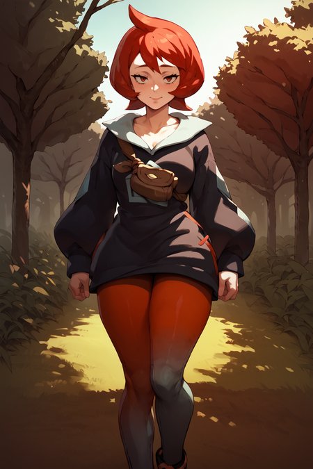 arezu, pantyhose, short hair, red hair, gradient legwear, cowlick ,in an open field,=<lora:RD-MAnon-XLV1.1:1>, outside, in a park,  <lora:Arezu_pokemon:1> facing viewer, , source_anime, score_9_up, score_7_up, score_8_up