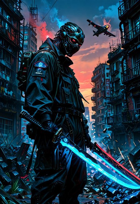 masterwork, masterpiece, amazing quality, best quality, detailed, depth of field, high detail, very aesthetic, 8k, high resolution, photorealistic, realistic skin, realistic anatomy, good anatomy, 
 matte digital painting, line art,ink art, meticulous shading, 3d shading, 
 deep colour, high contrast, hyperdetailed, sharp edges, precise, clear focus, detailed face, face focus, sideview, wide shot, looking at viewer, 
 dynamic image of a woman, soldier, enigmatic, (glowing red eyes), wearing a matte black modular suit of armor, molded armour, high-tech combat armour, futuristic, holding a futuristic naginata (blue glowing blade:1.5), good hands, ready to fight, standing tall,  black face mask,fighting in the streets of a futuristic city, gritty, urban warfare, damaged futuristic buildings, debris,
alien fighter planes overhead, firing missiles, night sky, distant fires, smoky sky, 
emwv2-illu