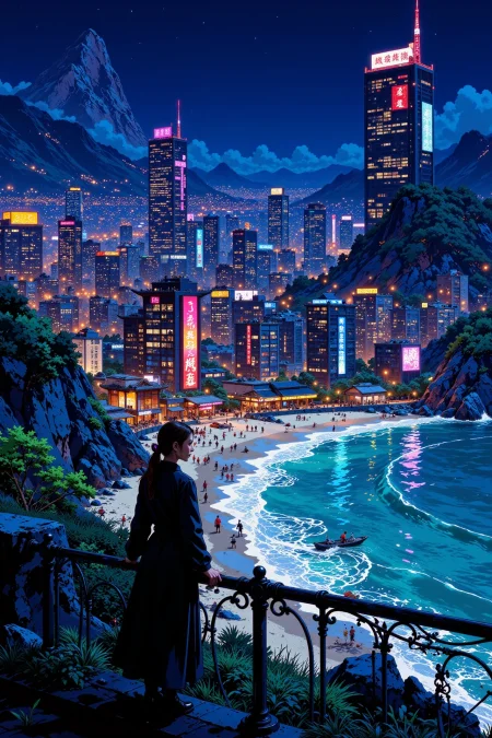 a futuristic cyberpunk coastal city beautiful landscape, bright luminous night, woman, very intricate, very detailed, sharp, bright, colorful, <lora:Hand v2:0.5> <lora:Anti-Blur:1><lora:Insane Detail Slider:0.25>  <lora:flux.1_lora_flyway_Epic-detail_v2:0.3> <lora:fluxenhancer:0.25> <lora:ROWER:0.6> <lora:flux-charmer-v1-1:0.4><lora:Vibrantly_Sharp_style_v.5:0.4> <lora:realanime:0.7> <lora:Chinese_Ink:0.3> chinese ink style