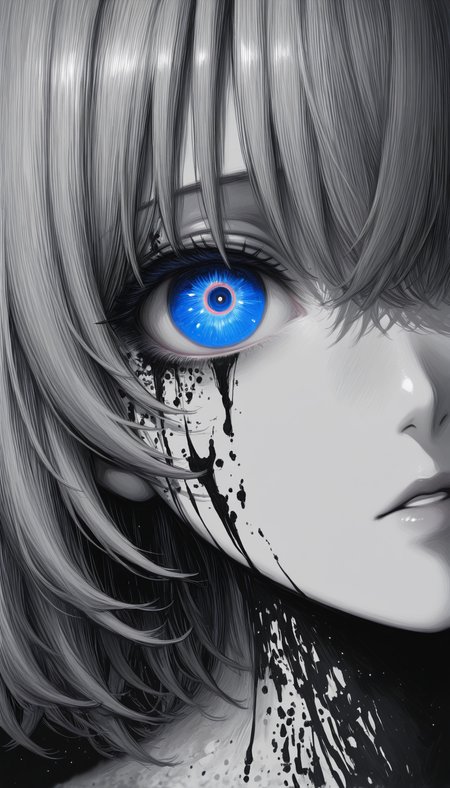 masterpiece, 8K, depth of field, focused subject, best quality,newest, absurdes, 1girl, solo, pretty, sexy, attrative, abtract painting, mosaik, flakes of ash gather into a female silhouette, blurred and mystical, close up portrait on canvas, dym lit, dark soft palette, grey color prevail, monochrome, shading, blue eyes glowing, eternal space reflected in eyes, sadness, ink painting, symbol of self-destruction, depression, melancholy of loneliness,chaotic grunge, ultra realistic, clear illustrations, ultra detailed, creative artwork, g0zena_illu, 15546+456868, sometyome_illu, <lora:G0zeNA_style:0.55>, <lora:114558v4df2fsdf5:0.45> <lora:NOOB_vp1_detailer_by_volnovik_v1:1> <lora:illustriousXL_stabilizer_v1.23:1> <lora:sometyome_style:0.4>
