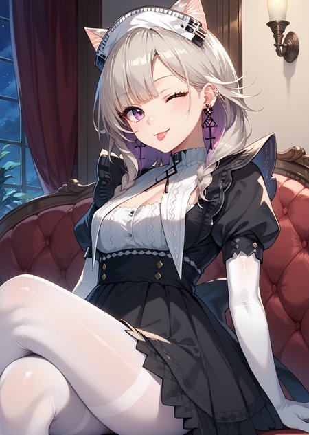 score_9, score_8_up, score_7_up, source_anime, 1girl, solo,  <lora:Kazemaru_Arknights_Pony__2_Costumes_r1:1>, kazemarumaid, animal ears, grey hair, cat ears, cat girl, extra ears, purple eyes, blunt bangs, maid, maid headdress, cross earrings, tongue out, smile, elbow gloves, white elbow gloves, black dress, white pantyhose, sitting, tongue out, smile, wink, indoors, night,