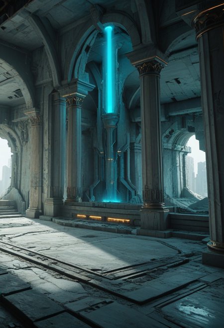 score_9, score_8_up, score_8, 
cyberpunk, Albrecht, no humans, 
temple, scenery, ruins, column, gate, 
glowing, cyberpunk lab, blue glow,