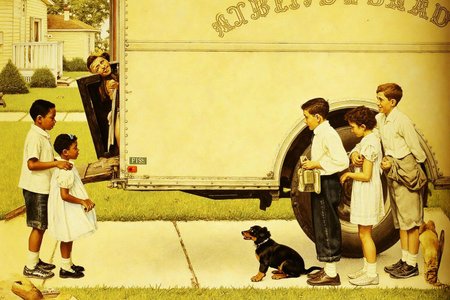 normanrockwell1 painting. 
A scene in the suburb in the 1950s.  Two groups of children a facing each other.
On the left stand two African American children, one boy and a girl.
On the right stand two white boys, a girl, and a small puppy.
Behind them is a large moving truck with the head of a man sticking out of the
open back.
 <lora:normanrockwell1_cap_d6a3e12:1.0><lora:841437746301214347:0>